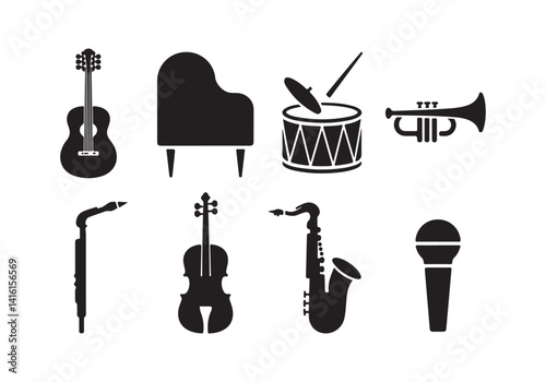 Photography Music Instruments Icons - Vector Set Featuring Guitar, Piano, Drums, and More