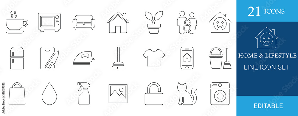 A clean and modern line icon set featuring 21 editable vector icons themed around home and lifestyle. Perfect for apps, websites, infographics, and digital design projects A clean and modern line icon set featuring 21 editable vector icons themed around home and lifestyle. Perfect for apps, websites, infographics, and digital design projects