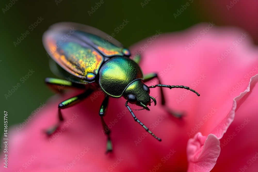 Macro Shot of a Beetle with Iridescent Wings on a Petal Macro Shot of a Beetle with Iridescent Wings on a Petal