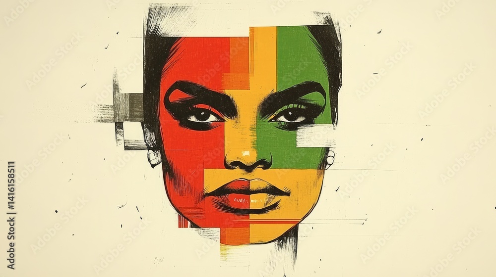 Bold, colorful portrait of a woman, with geometric shapes and painterly strokes