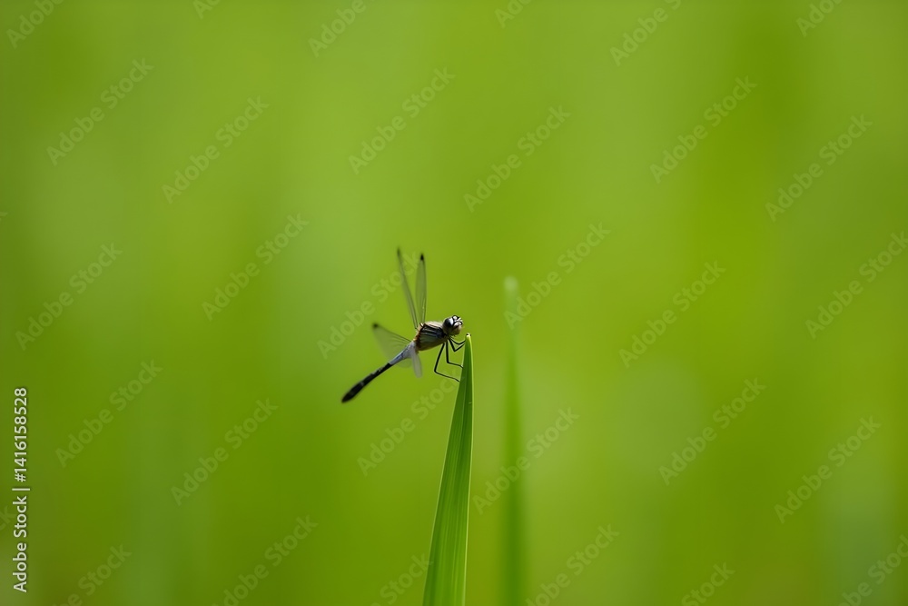 A Dragonfly Resting on a Blade of Grass in Soft Focus