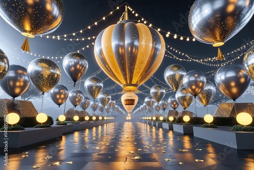 Exquisite Digital Design of a Vibrant Balloon Festival Atmosphere in Grey and Gold photo
