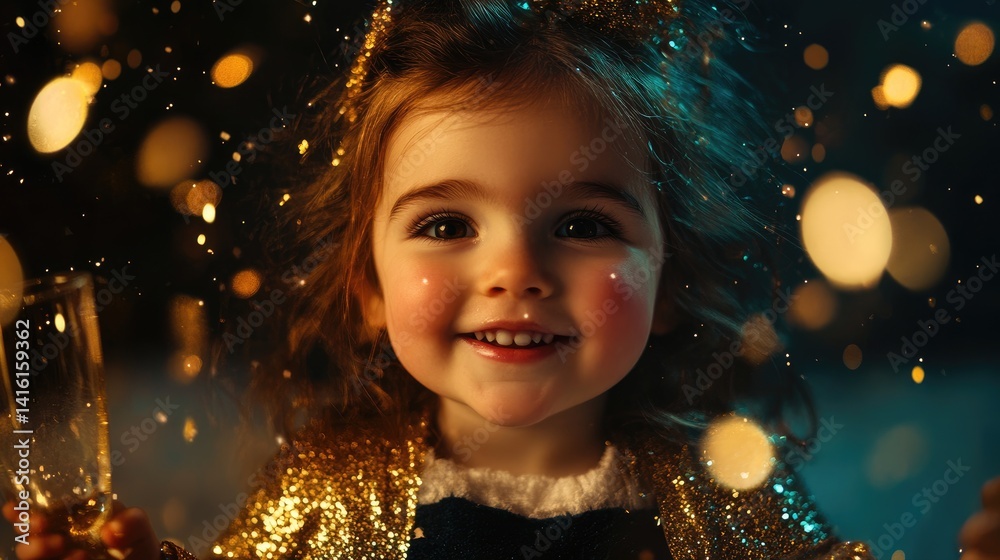 Joyful Child Celebrating with Sparkling Confetti and Glittery Attire in a Festive Atmosphere Joyful Child Celebrating with Sparkling Confetti and Glittery Attire in a Festive Atmosphere