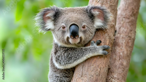 Adorable koala clinging to tree trunk in lush green habitat
