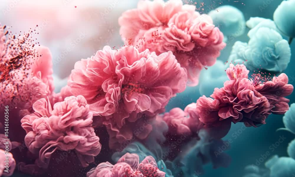 Abstract Floral Composition Featuring Lush Pink and Blue Blossoms with Dreamy Atmosphere Abstract Floral Composition Featuring Lush Pink and Blue Blossoms with Dreamy Atmosphere