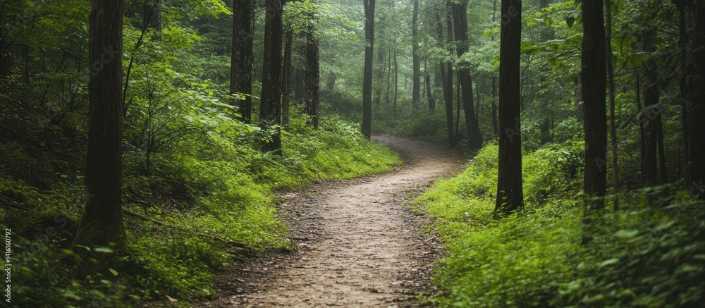 Fototapeta premium A winding path leads through a verdant and misty woodland scene