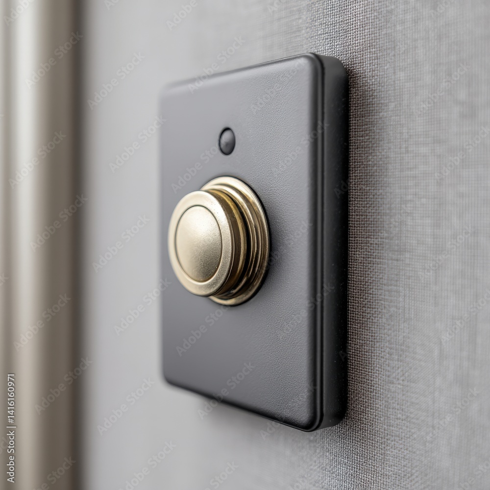 Dark wall mounted round brass push button switch with minimalistic industrial look blending retro style and modern functionality in architectural interior design Dark wall mounted round brass push button switch with minimalistic industrial look blending retro style and modern functionality in architectural interior design