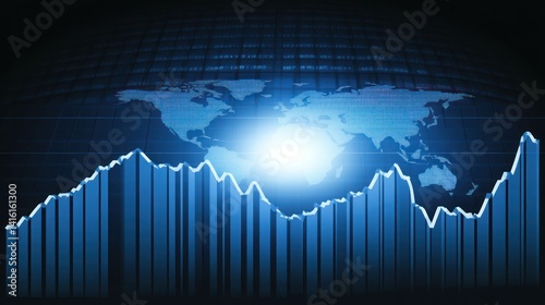 Global financial graph, rising trends, digital world background, possible use for stock market analysis