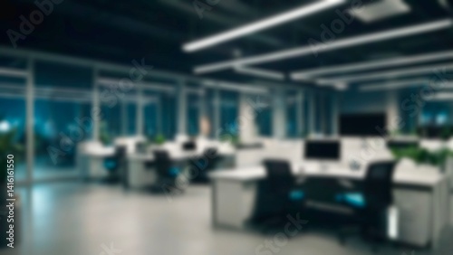 At night beautiful Abstract blurred office interior room. blurry working space with defocused effect