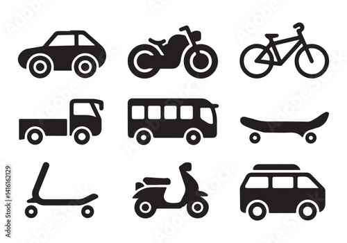 Transportation Vehicle Icons - Vector Set Featuring Cars, Motorcycles, Bikes, and Scooters