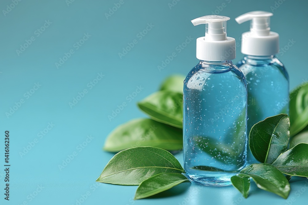 Two bottles of sanitizer with green leaves against a light blue backdrop, clean and health-focused Two bottles of sanitizer with green leaves against a light blue backdrop, clean and health-focused