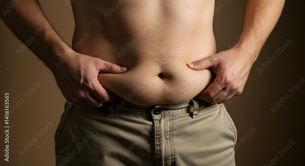 Naklejka premium Man Holding Excess Fat Around His Abdomen in a Studio Shot Wearing Beige Pants Under Soft Lighting