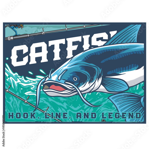 Vector Illustration of Catfish and Fishing Rod with Vintage Retro Illustration Available for Poster