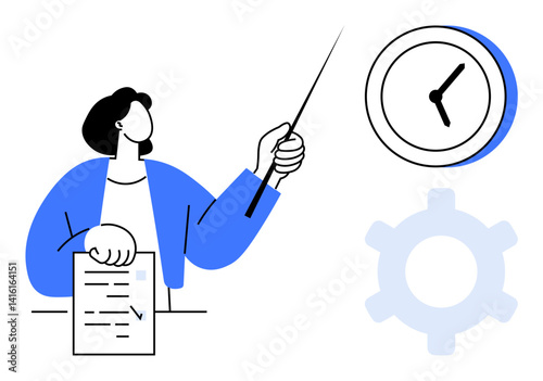 Professional presenting checklist with pointer, analog clock, and gear. Ideal for time management, workflow, planning, productivity, organization, scheduling flat simple metaphor