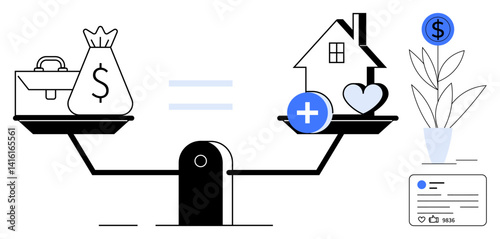 Scale balancing money symbols and life essentials thumbs up home, health, and growth. Ideal for finance, real estate, health, wealth management, value systems, personal growth simple landing page