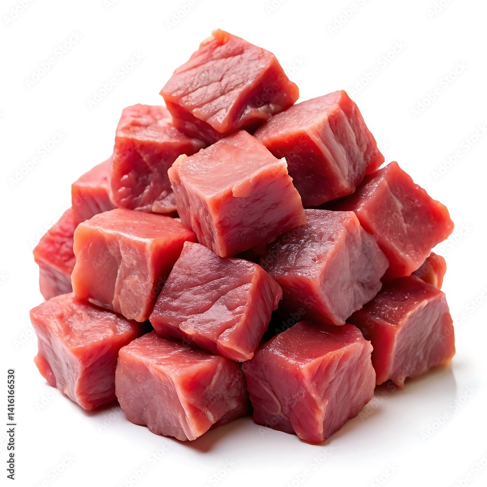 a pile of cubed raw meat on white background a pile of cubed raw meat on white background