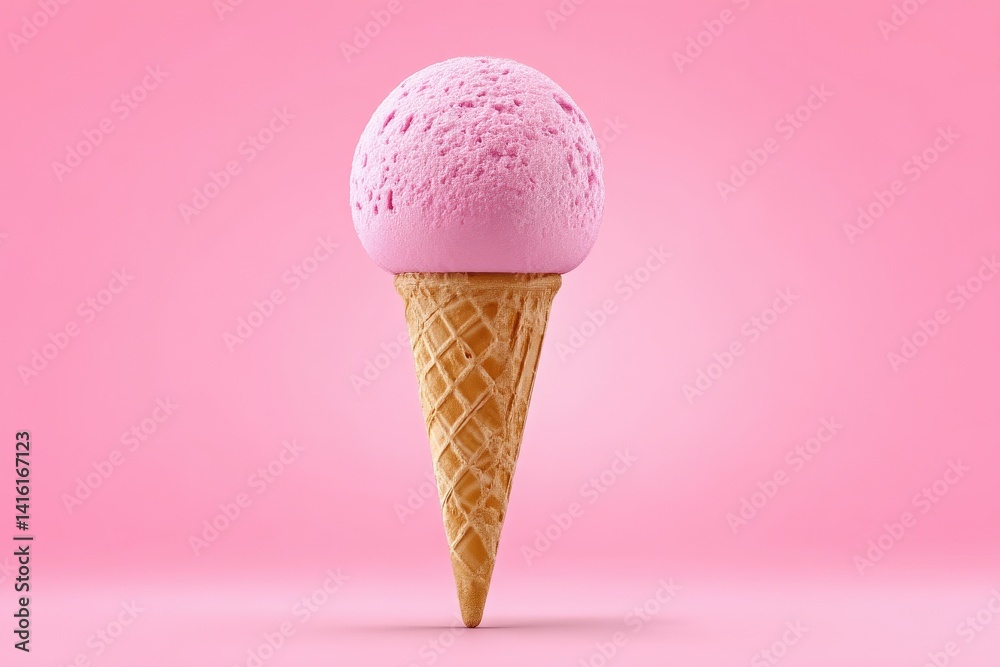 Single strawberry flavored scoop placed on a narrow wafer cone centered against pastel pink background under soft even lighting minimal food styling visual concept image Single strawberry flavored scoop placed on a narrow wafer cone centered against pastel pink background under soft even lighting minimal food styling visual concept image