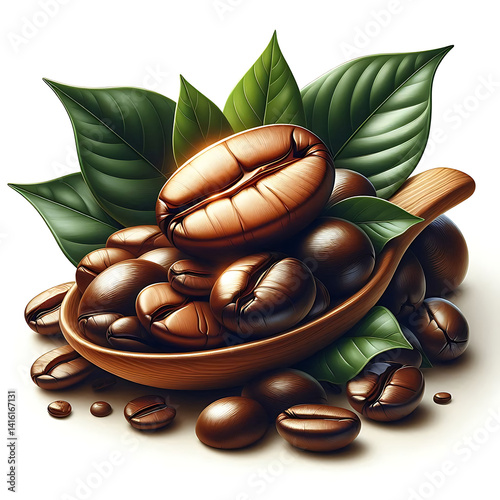 Three shiny fresh roasted coffee beans with leaves isolated on white background.