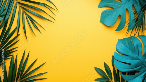 Vibrant Tropical Leaves on Bright Yellow Background Creating a Refreshing and Energetic Atmosphere