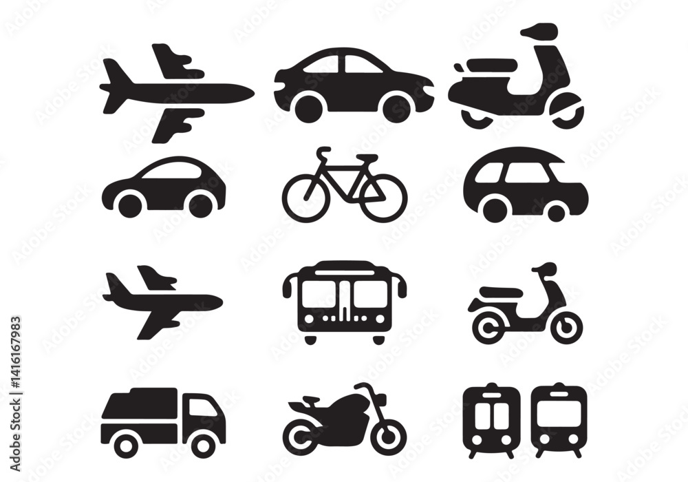 Vector icons of various transportation modes including cars,