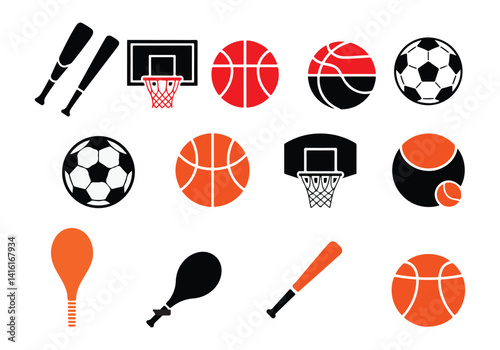 Vector icons of sports balls and equipment including soccer,
