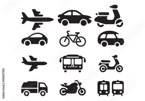 Vector icons of various transportation modes including cars,