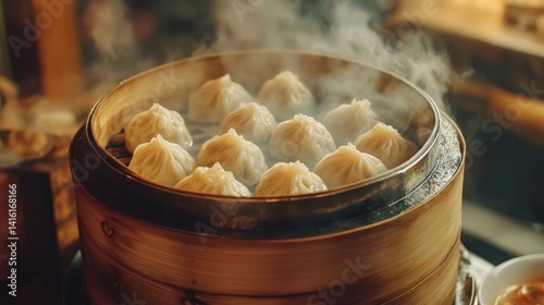 Steaming Delights: A tantalizing close-up of a bamboo steamer, filled with fluffy, freshly cooked dumplings, their savory aromas mingling with the steam.