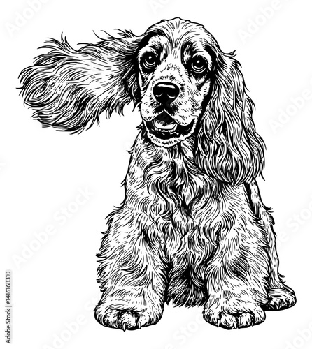 Vector outline of a Cocker Spaniel dog with lot of bulls 