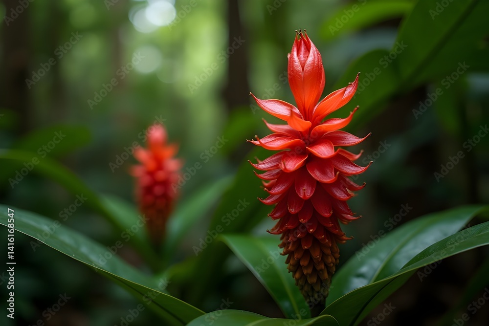 Vibrant red ginger flower in a tropical rainforest Vibrant red ginger flower in a tropical rainforest