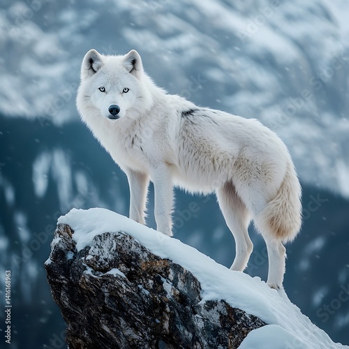 Majestic White Wolf Standing on Snowy Rock in Winter Landscape