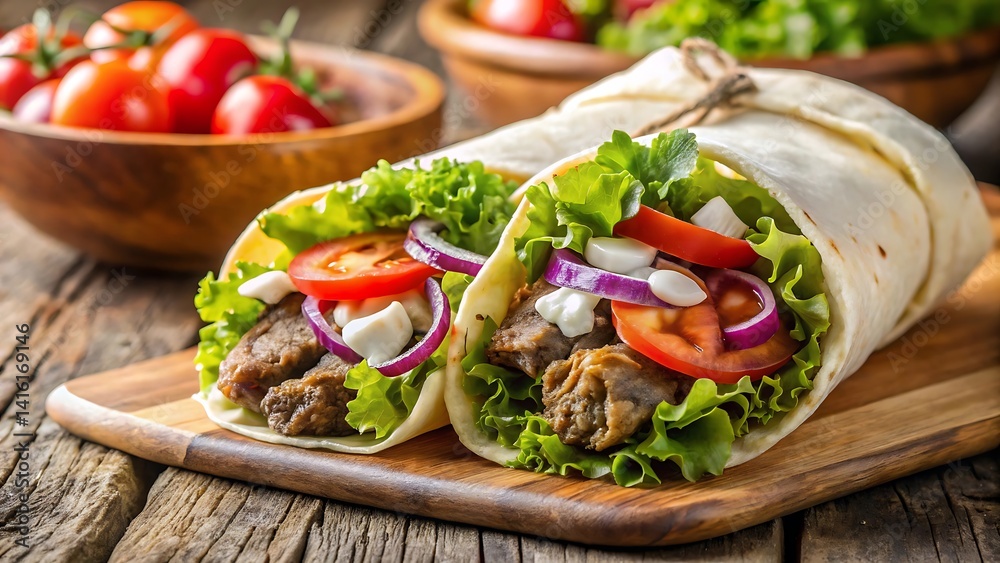 a shawarma wrap exploding with ingredients a shawarma wrap exploding with ingredients