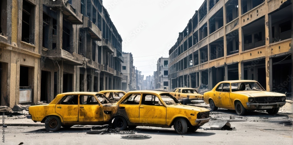 Fototapeta premium Damaged Yellow Cars in a Destroyed City Street