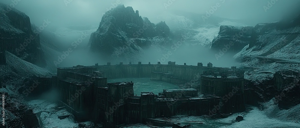 Fototapeta premium Frozen stronghold nestled amidst mountain peaks, veiled in mist. A stark, desolate landscape