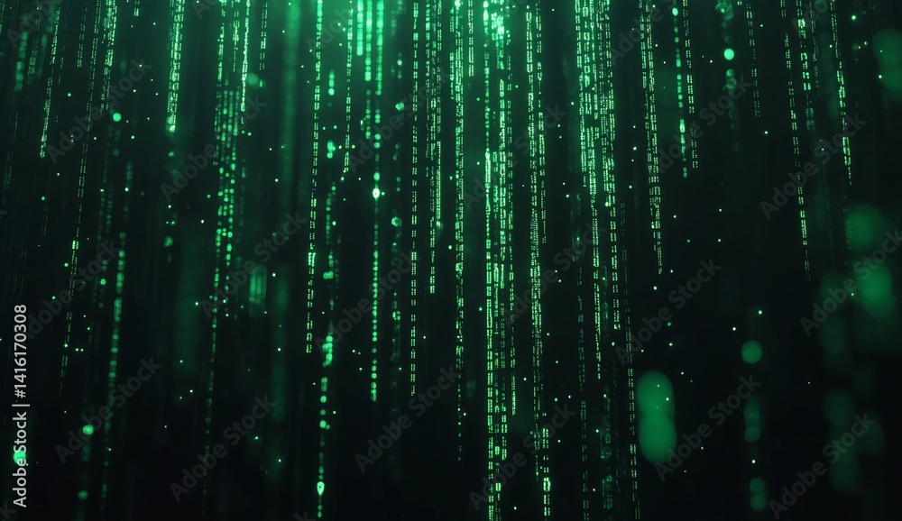 Abstract green digital rain falling background.