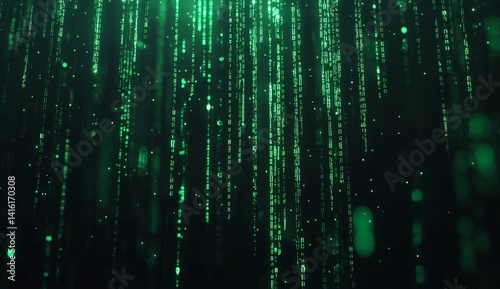 Abstract green digital rain falling background.