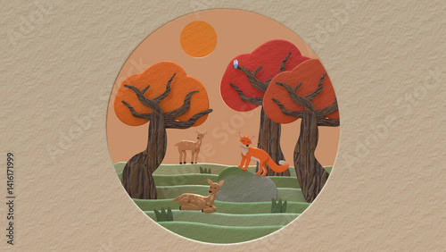 paper textured autumn fox and deer