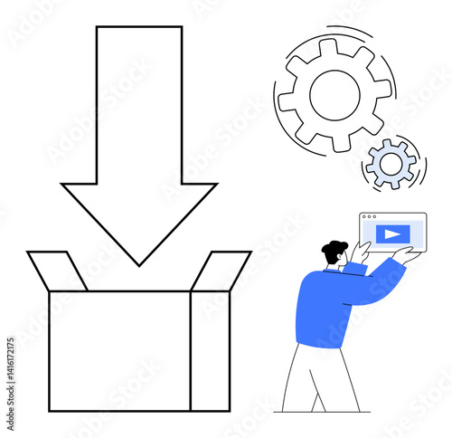 Open box with down arrow, moving gears, person holding digital screen. Ideal for automation, workflow, technology, downloading, video player, system operations simple landing page