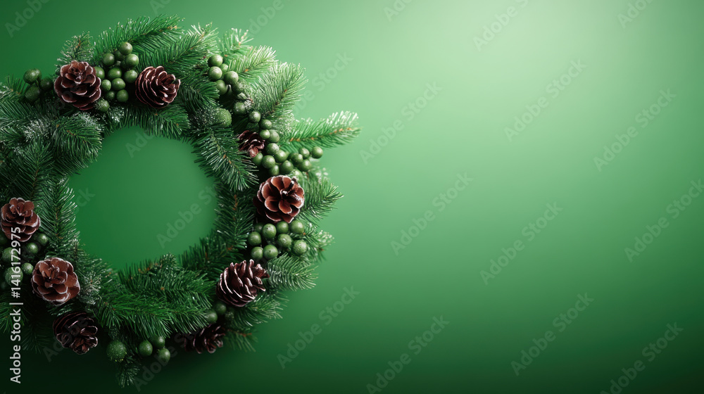 beautiful Christmas wreath adorned with pinecones and green ornaments, set against vibrant green background, evokes festive and joyful atmosphere beautiful Christmas wreath adorned with pinecones and green ornaments, set against vibrant green background, evokes festive and joyful atmosphere