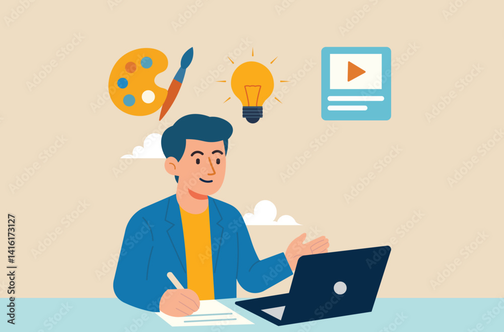 Unleashing creative workflow. Man working on a laptop surrounded by design, writing, and video icons, symbolizing lightbulb idea, and art palette content creation and artistic process. Unleashing creative workflow. Man working on a laptop surrounded by design, writing, and video icons, symbolizing lightbulb idea, and art palette content creation and artistic process.