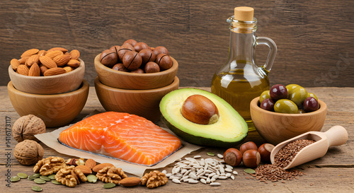 Assorted Healthy Fats Rich Food Displayed on Wooden Tabletop with Natural Light and Brown Tones