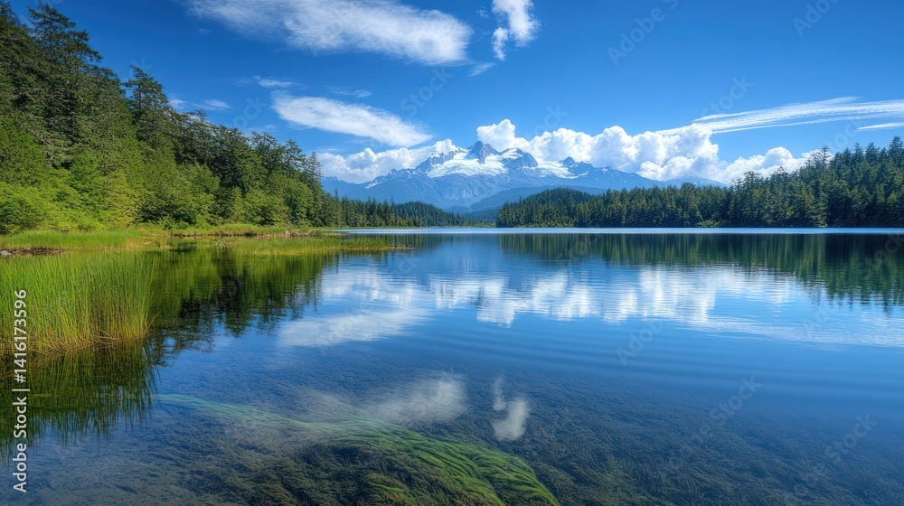 Lake's Calm Reflection of Sky and Mountain in a picturesque setting Lake's Calm Reflection of Sky and Mountain in a picturesque setting