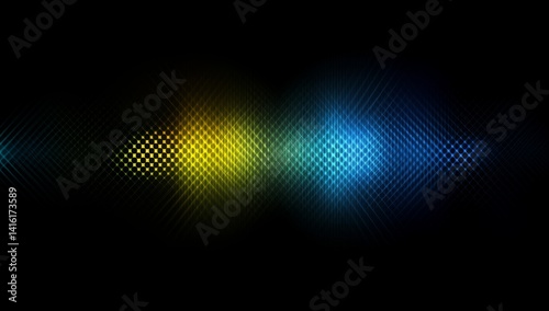 Abstract glowing yellow and blue light streaks on black background.