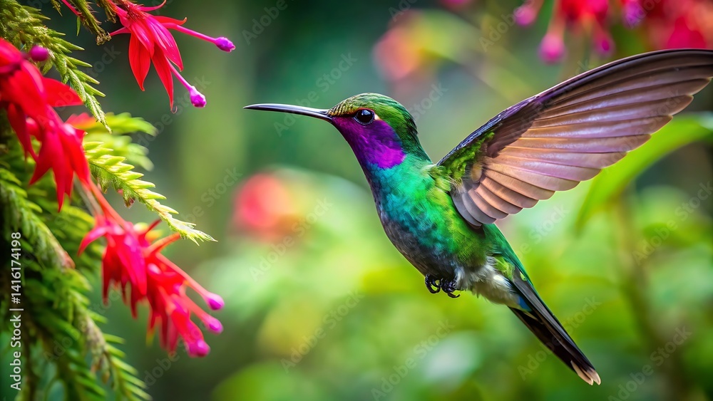 Fototapeta premium Vibrant Hummingbird Hovering by Red Blossoms in a Lush Garden