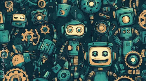 Robots and gears in pattern: Explore a captivating illustration, where a collection of adorable robots are assembled, showcasing a rich, detailed world of gears, cogs, and futuristic aesthetics.