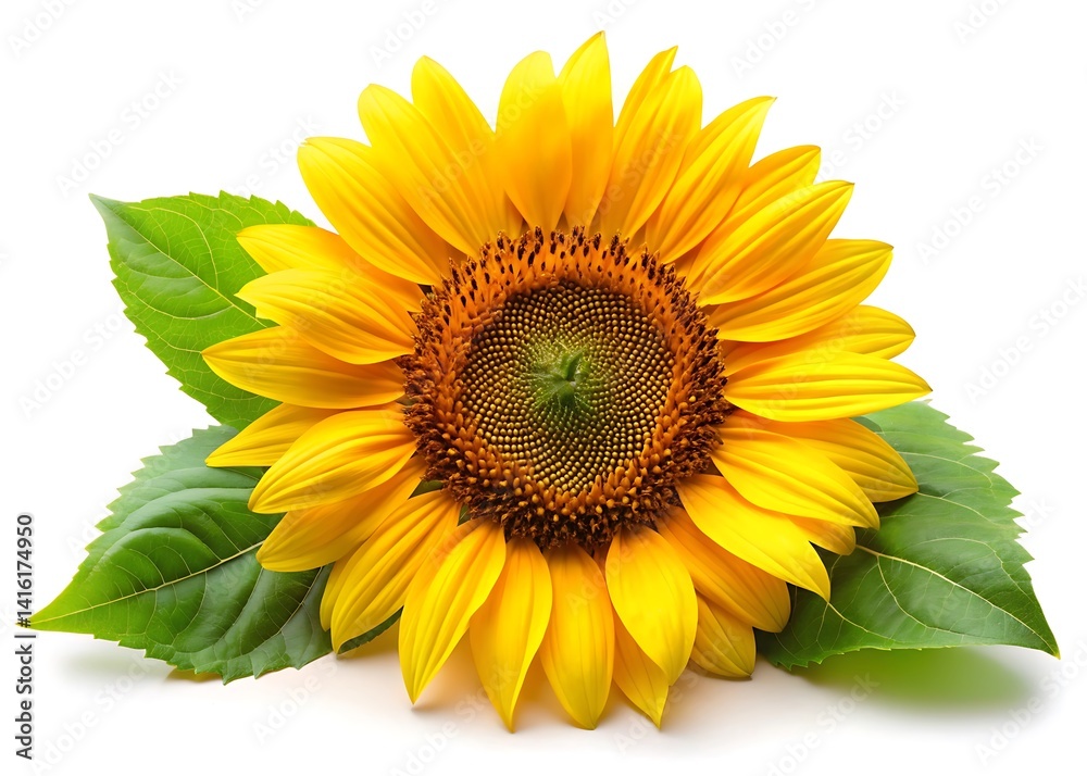 Fototapeta premium Yellow sunflower with green leaves