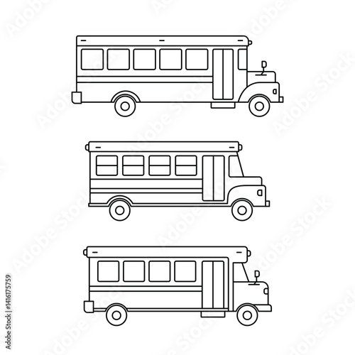 Black bus thin line icons collection set, simple modern urban transport flat design illustration drawing element for app ui ux web button, interface pictogram elements isolated on white background