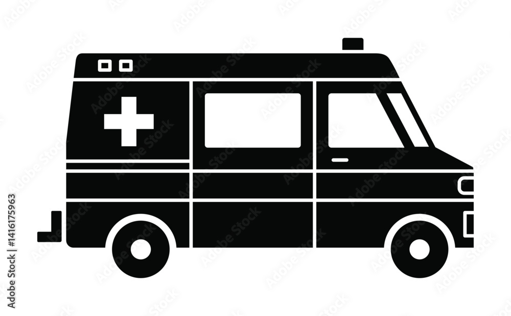 Black single ambulance car glyph icon, simple emergency medical service vehicle flat design infographic element for app ui ux web button, interface pictogram elements isolated on white background