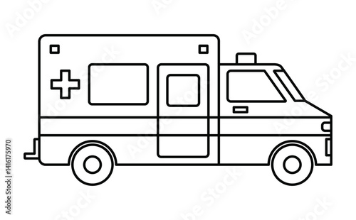 Black single ambulance car line icon, simple emergency medical service vehicle flat design illustration drawing for app ui ux web button interface pictogram elements isolated on white background