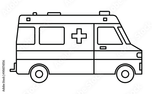 Black single ambulance car line icon, simple emergency medical service vehicle flat design illustration drawing for app ui ux web button interface pictogram elements isolated on white background