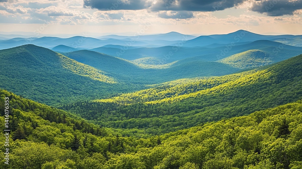 Obraz premium Majestic Green Mountain Landscape Panoramic View Scenic Nature Photography Breathtaking Summer Scenery Rolling Hills Lush Foliage Tranquil Outdoors Peaceful Environment Beautiful Vista Amazing Natural